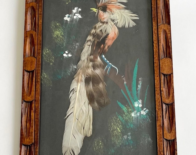 Mexican Bird Feather Art Painting Vintage 30s Made in Mexico Mexican Folk Art Nature Animal Feathers Black Background Vertical Alignment