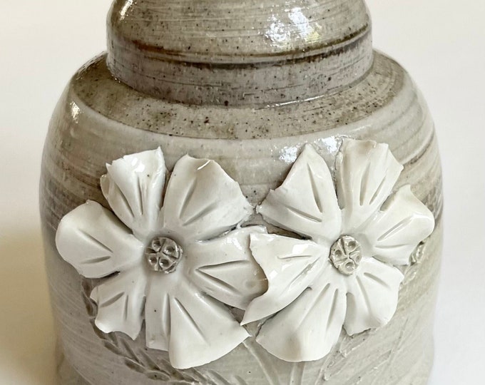 Beige Floral Pottery Vase Studio Pottery Vessel Signed Handmade Ceramic Pottery Glazed Neutral Beige Gray White Bud Vase