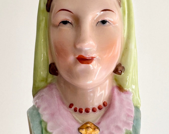 Rare Lady Head Vase Mid Century Vintage Japan Woman Wearing Green Veil Gold Accents Nippon Yoko Boeki Co