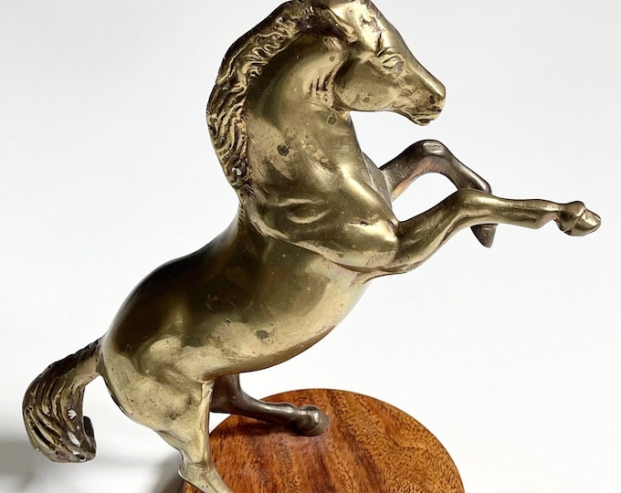 Brass Horse Statuette Statue Mounted on Wood Base Animal Figure Object Vintage Mid Century Brass Equestrian Equine