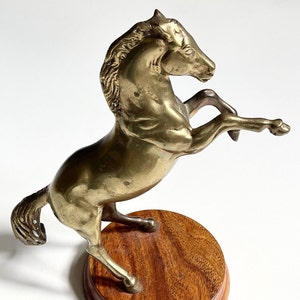 Vintage Brass Horse Statue on Wood Base: Mid-Century Equestrian Decor