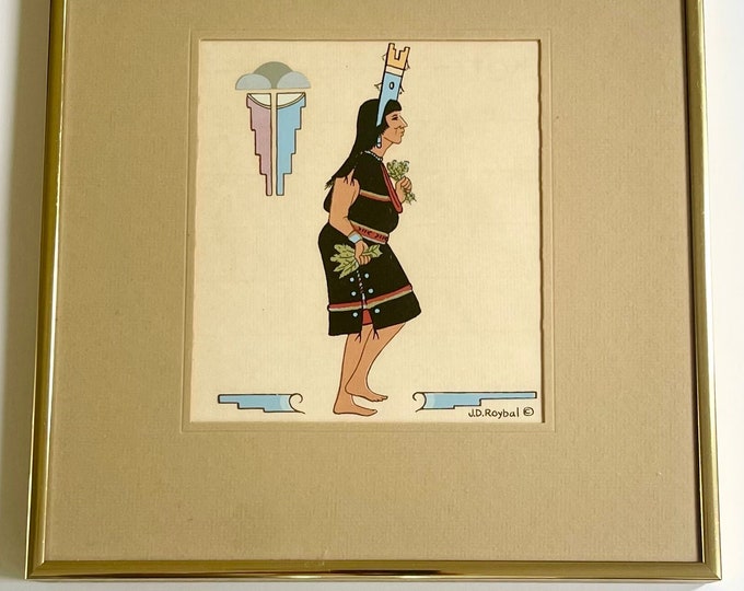 Signed Native American Print Silk Screen Art Print J.D. Roybal New Mexico San Ildefonso Woman Ceremonial Dancer Black Dress Southwest Art