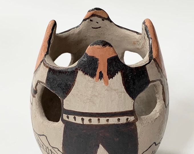 Tohono OʼOdham Friendship Vase Pot Vintage Southwest Native American Artist Signed ANGEA Handmade Pottery Hand Painted