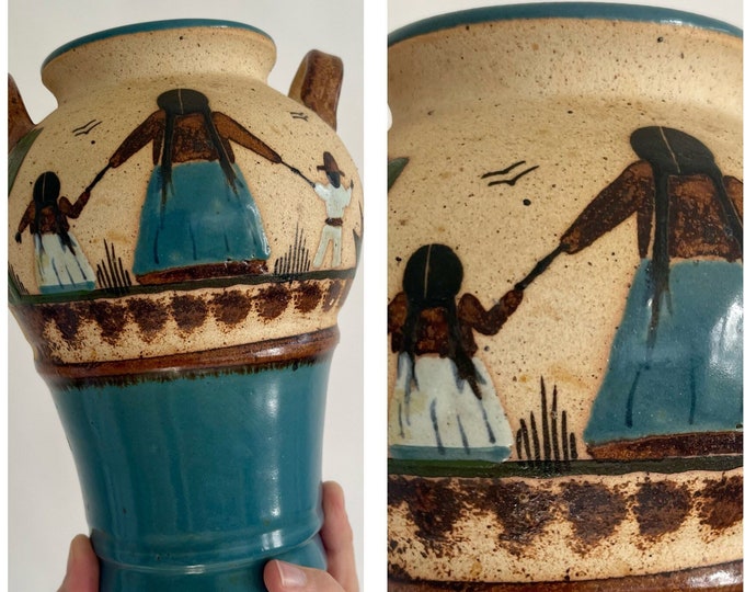 Mexican Pottery Vase Pot Vintage Artisan Folk Art Art Marked Mexico Glazed Cerulean Blue Woman Child Cactus Boho Ethnic Home Decor