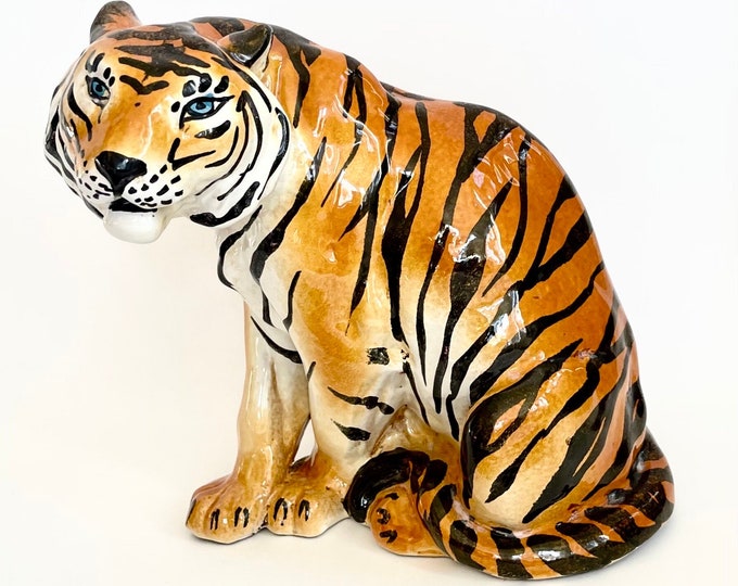 Large Italian Ceramic Tiger Figurine Sculpture Hand Painted Likely Made in Italy Hollywood Regency Animal Cat Feline Sculpture