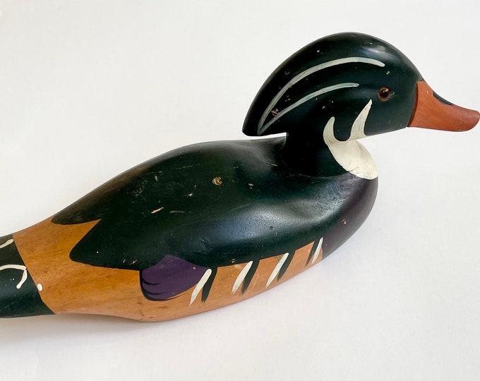 Handmade Wooden Duck Decoy Vintage Solid Carved Hand Painted Wood Farmhouse Hunting Lodge Cabin Home Decor