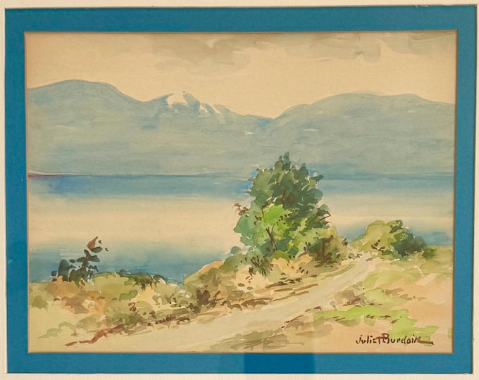 Juliet Burdoin Watercolor Painting Original Signed Art Realist Mountain Trees Ocean Landscape Soft Palette Framed Horizontal Early 1900's