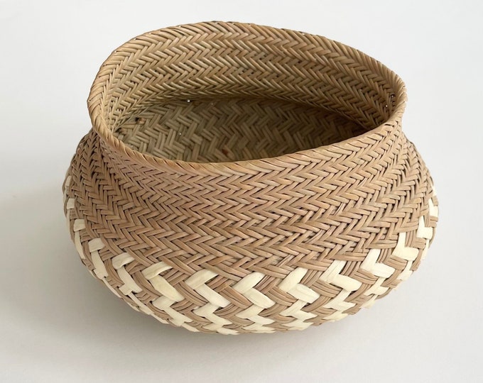 Handmade Basket Bowl Pot Two Tone Beige Brown Vintage Artisan Crafted Hand Woven Small Size