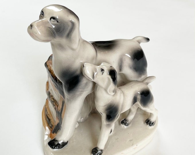 Mid Century Dog Planter Vintage Glazed Black and White Ceramic Dog and Puppy Indoor Plant Succulent Pot Air Plant Holder Made in Japan
