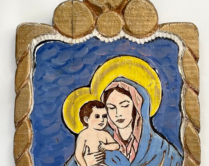 Taos Folk Art Retablo Signed Religious Folk Art Carved Wood Painting Wall Hanging Rustic Southwest New Mexico Mary Jesus Madonna and Child