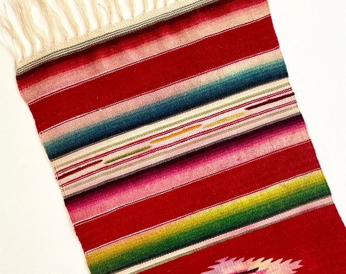 Antique Mexican Serape Saltillo Mat Table Runner Dresser Scarf Table Linen Vintage Handwoven Wool Textile Striped Southwest Western Red