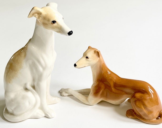 English Greyhound Dog Statue Pair of Two Mid Century Vintage Stamped England Porcelain Animal Dogs Whippet Figurine Statuette Sitting Laying