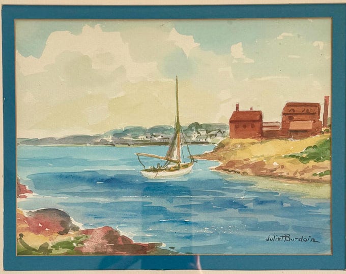 Juliet Burdoin Watercolor Painting Original Signed Art Realist Sea Sailboat Boat Landscape Soft Neutral Palette Framed Horizontal 1900's