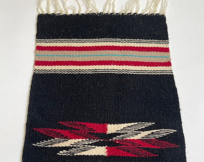 Handwoven Chimayo Weaving Mat Tabletop Size Textile Vintage New Mexico Folk Art Handwoven Black Natural White Red Wool