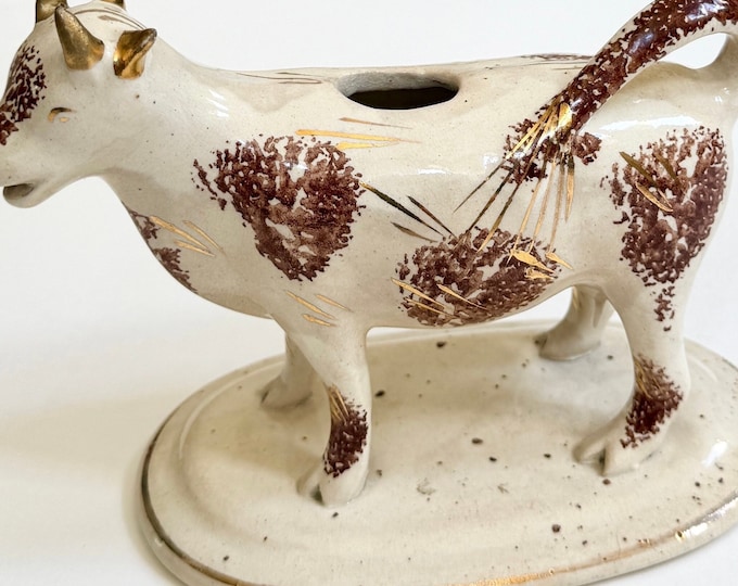 Antique Staffordshire Cow Creamer Bisque Spongeware Gold Accents Likely Early 1900s Staffordshire Animal Cow Figure Farmhouse English