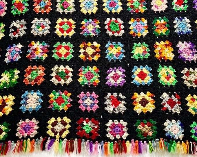 Granny Square Crochet Throw Blanket Vintage 60s 70s Hand Knit Wool Blend Multicolor Afghan Colorful Rainbow Patchwork Square Diamond