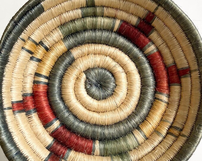 Kenyan African Basket Bowl Heavy Large Solidly Crafted Vintage Artisan Handwoven Round Coil Baskets Thick Weave Faded Beige Rust Blue Beige