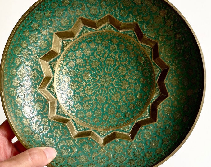 70s Brass Enamel Bowl Vintage Indian Solid Brass Footed 9" Decorative Bowl Dish Floral Scroll Made in India Boho Ethnic Home Decor