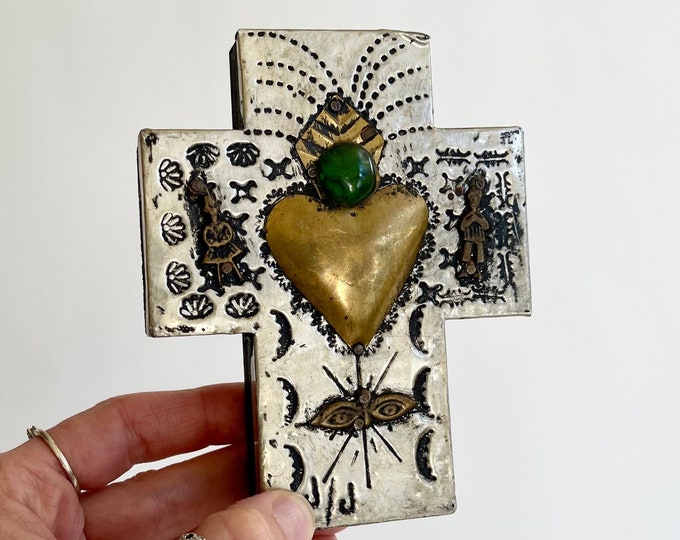 Mexican Folk Art Cross Punched Tin Wood Crucifix Religious Covered in Milagros Vintage Small Handmade Wall Art Hecho en Mexico