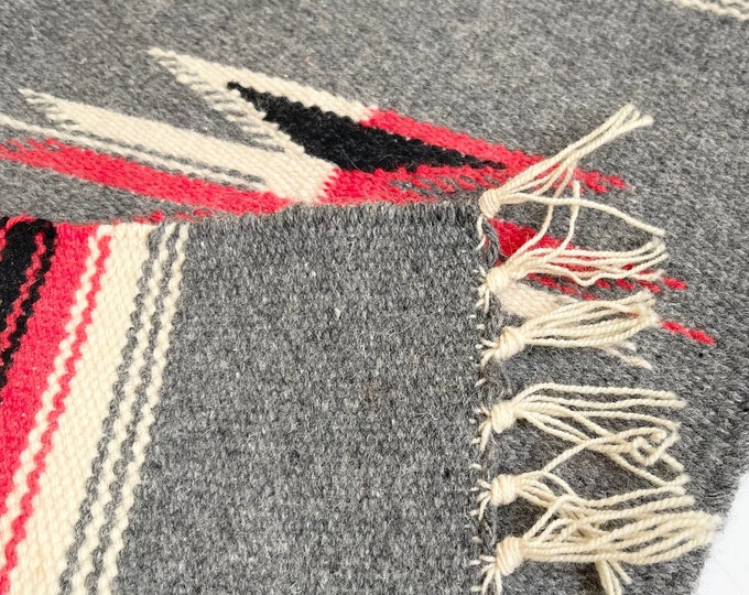 Handwoven Chimayo Weaving Mat Tabletop Size Textile Vintage Southwest New Mexico Style Folk Art Handwoven Gray Red Black Natural White