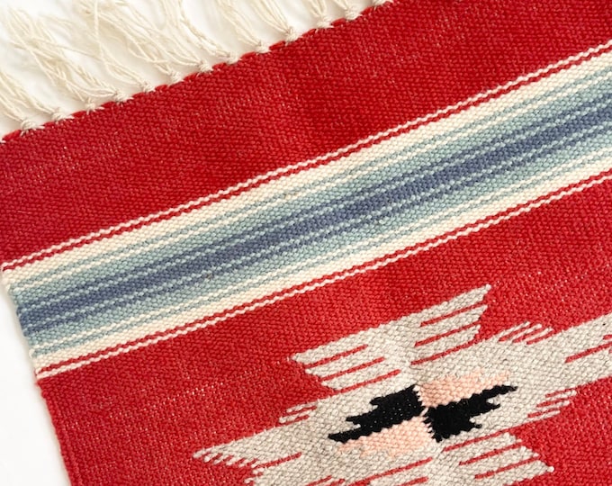Vintage Wool Chimayo Weaving Tabletop Mat Textile Vintage New Mexico Handwoven Wool Southwest Serape Tomato Red Blue White