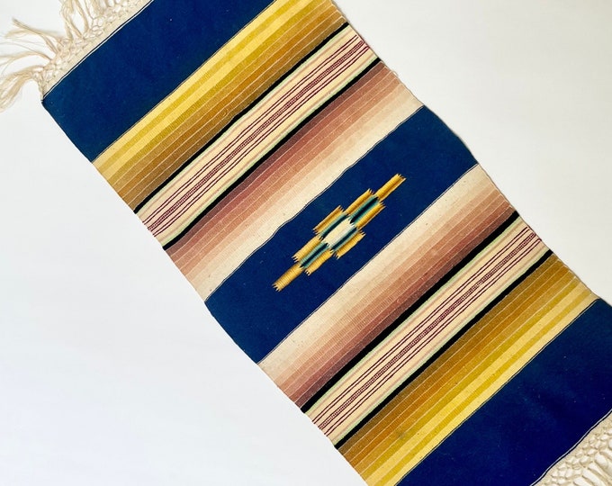 Antique Mexican Serape Mat Table Runner Dresser Scarf Table Linen Vintage Handwoven Wool Striped Southwest Western Blue Blush Beige Neutral
