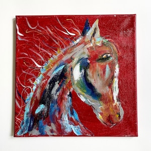 Vintage Western Horse Oil Painting: Small Red & Blue Ranch Art (12&quot; Square)
