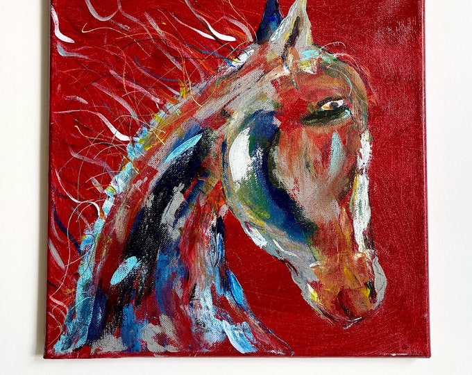 Western Horse Oil Painting Vintage Original Wall Art Small 12" Square Oil On Canvas Red Blue White Horse Head Western Ranch Cabin