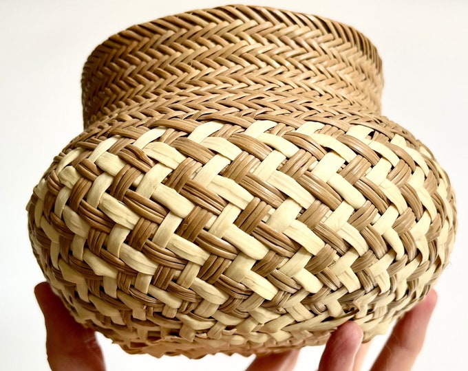 Handmade Basket Bowl Pot Two Tone Beige Brown Vintage Artisan Crafted Hand Woven Small Size