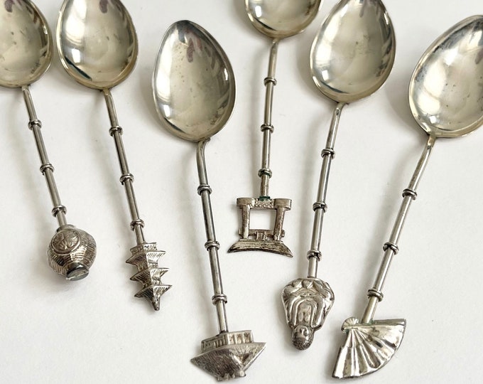 Sterling Silver Spoon Set Made in Japan Demitasse Spoon Set of 6 Spoons Delicate Bamboo Asian Buddha Fan Pagoda Details