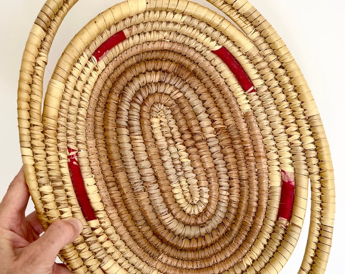 Vintage Oval Bread Basket with Handles Handwoven Handmade Basket Aged Patina