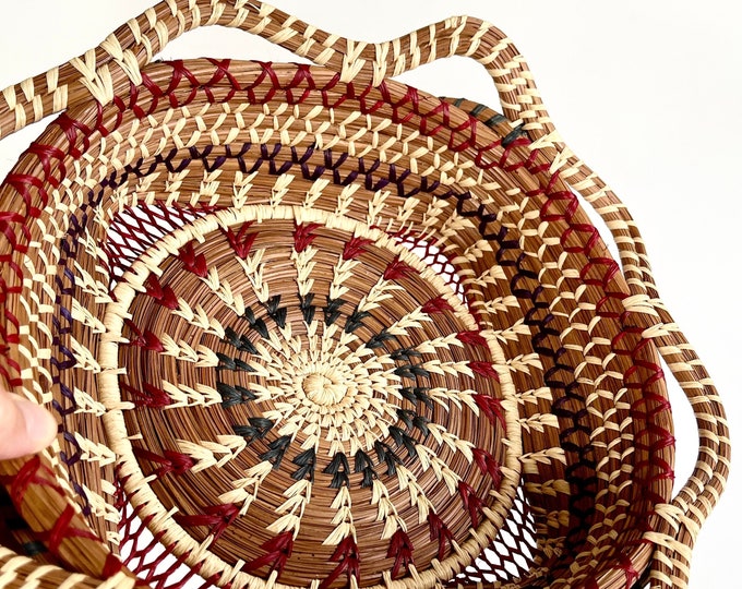 Fine Pine Needle Basket Vintage Handwoven American Folk Art Woven Bread Basket Egg Basket