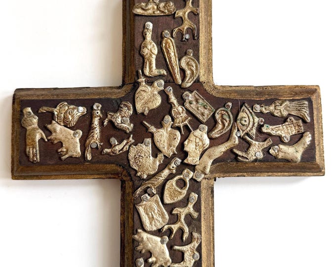 Mexican Folk Art Wood Cross Crucifix Religious Wall Hanging Covered in Milagros