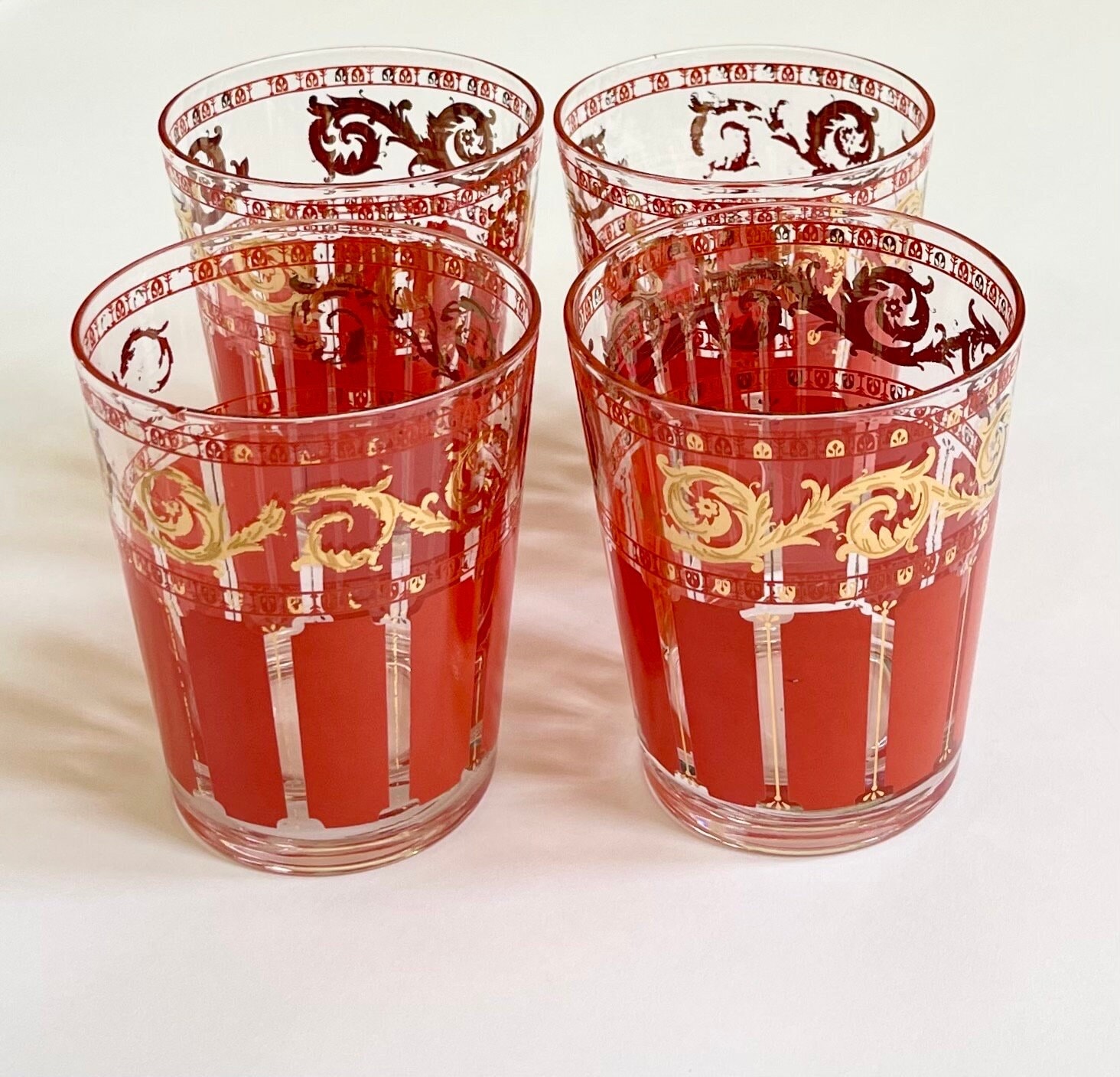 Mid Century Barware Cocktail Glasses Set of 4 Ornate Gold Trim Tomato  Orange Red Vintage Rocks Glass Bar Glass Barware Drinkware Glassware