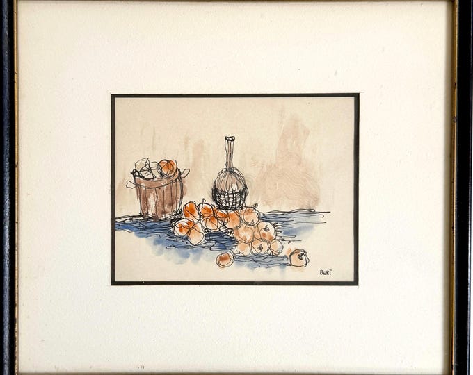 Mid Century Still Life Watercolor Drawing Vintage Minimalist Neutral Wall Art