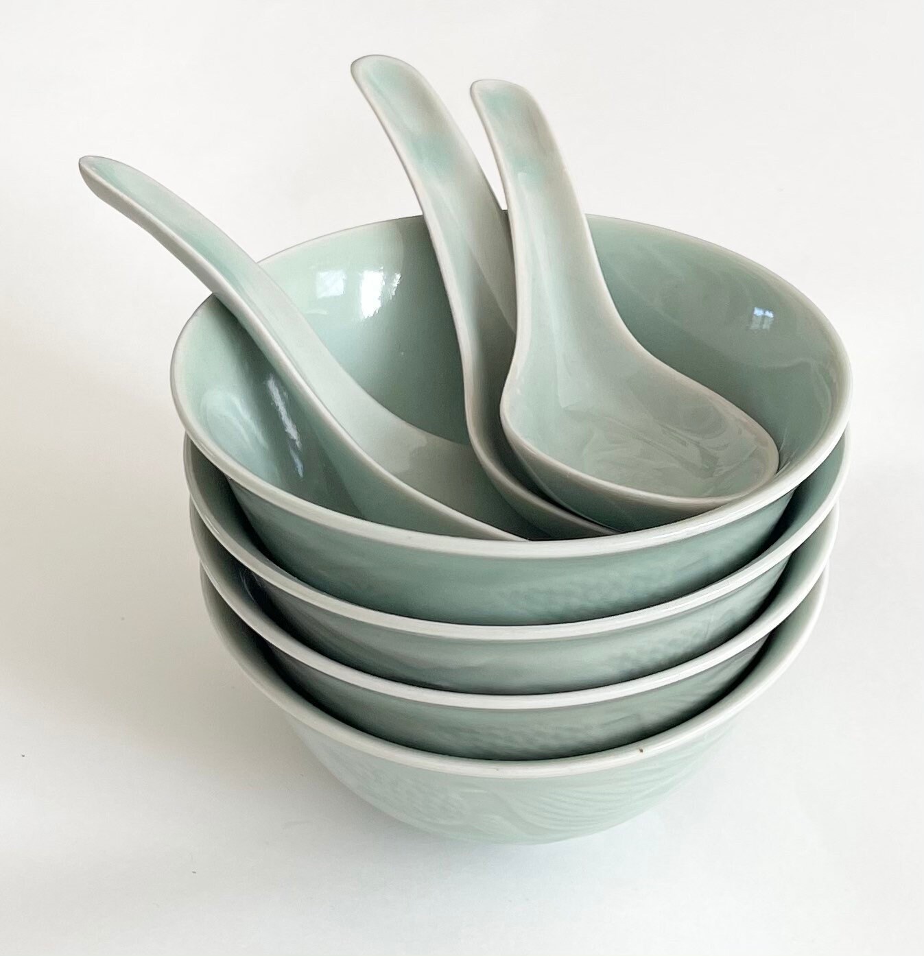 Vintage Celadon Soup Bowl Set Lot of 4 Bowls Matching Soup Spoons