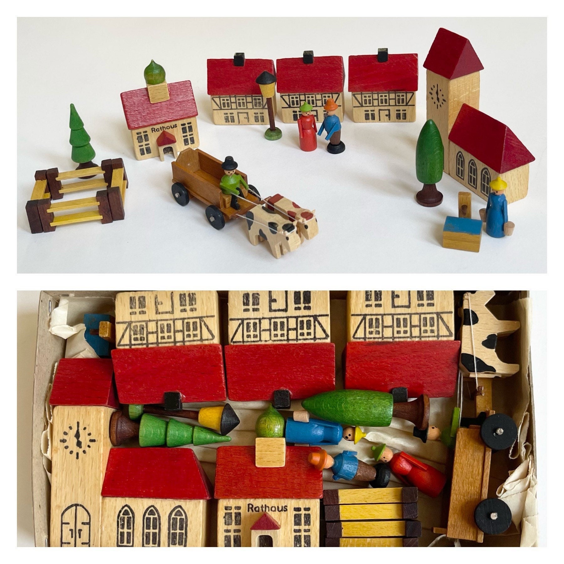 German Wooden Toy Set East Germany Original Box Wood Christmas Village Town People Animal