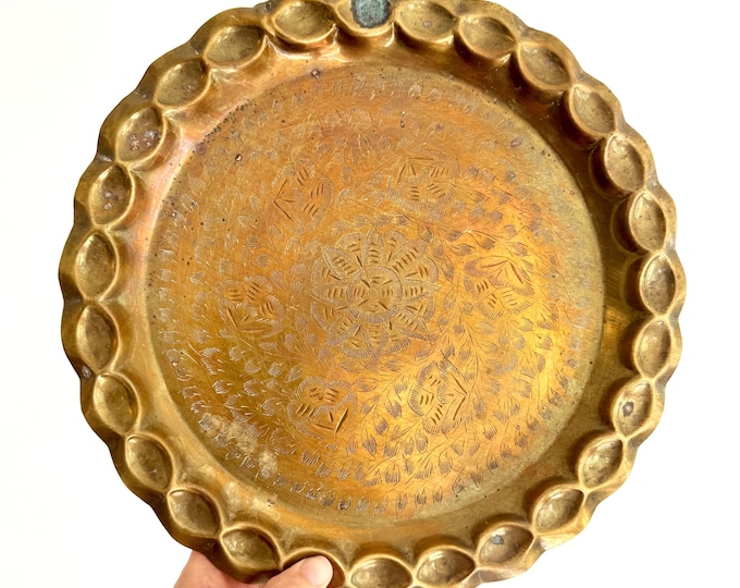 Mid Century Vintage Round Brass Tray Vintage Floral Etched
