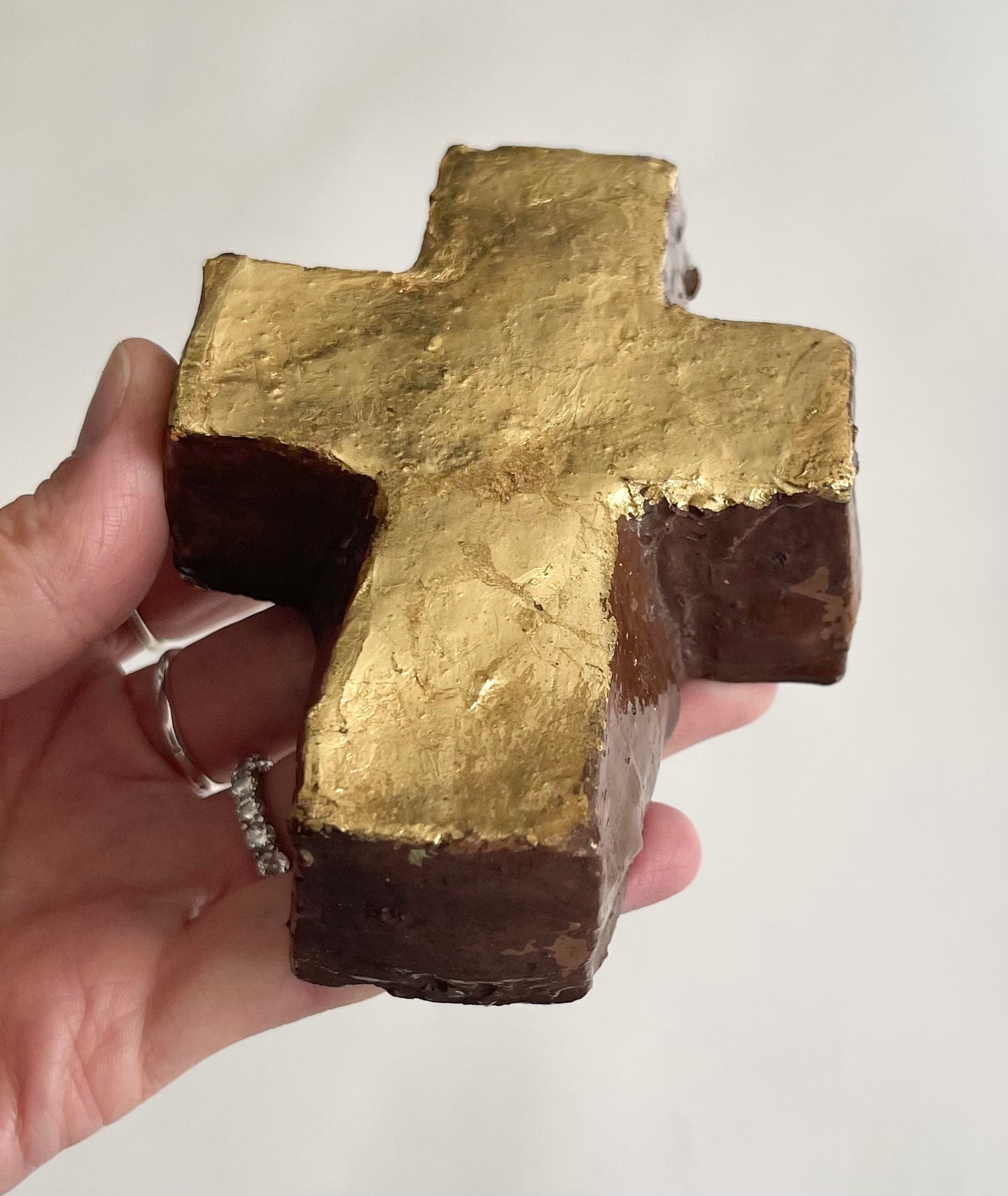 Thick Clay Cross Wall Hanging Artist Signed Biel Wall Mount Metallic Gold Ornament Trinket