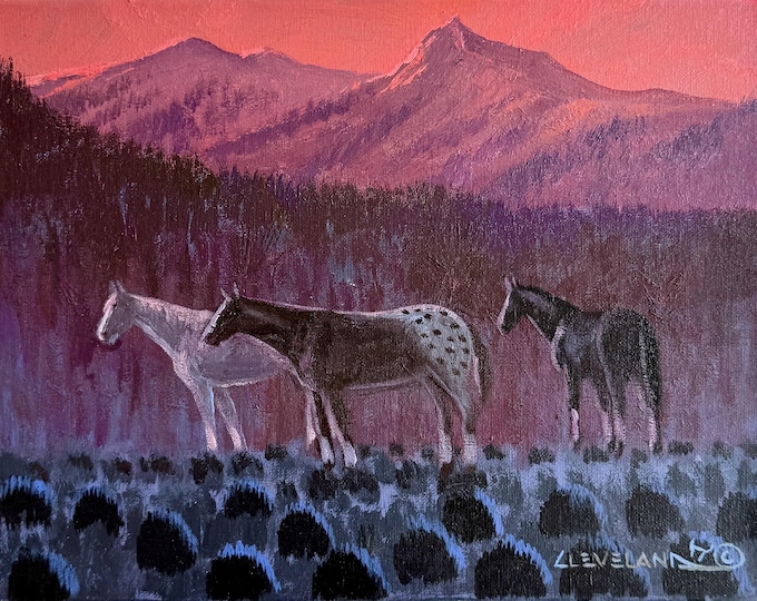 Fred Cleveland Horse Painting Southwest New Mexico Animal Mountain Desert Landscape Signed Original Art Pink Purple Black Wild Horses