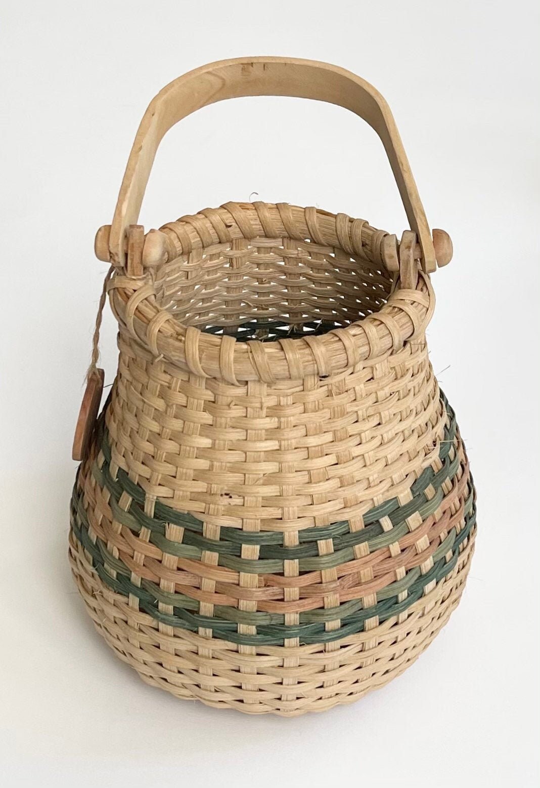 Handmade Bucket Basket with Wood Handle Vintage 90s Artist Maker Signed