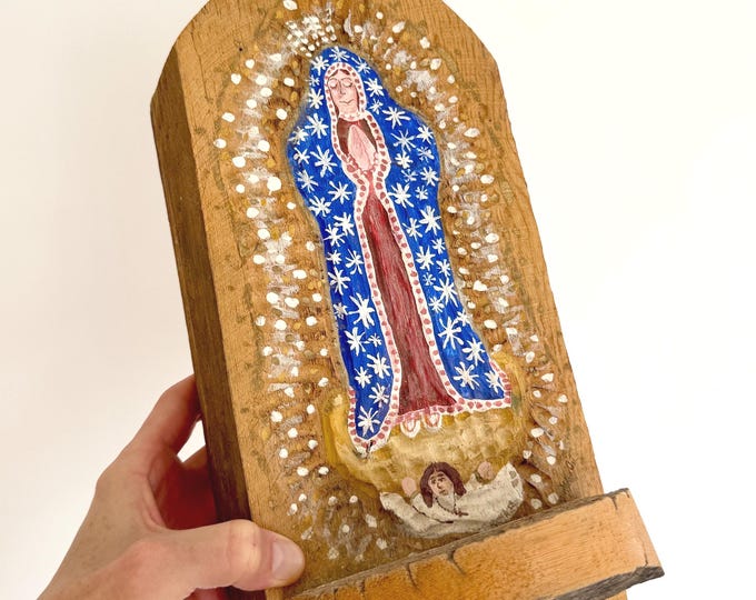 Guadalupe Folk Art Carving Retablo Wall Hanging Religious Santo Hand Painted Carved Wood Rustic Southwest New Mexico Folk Art
