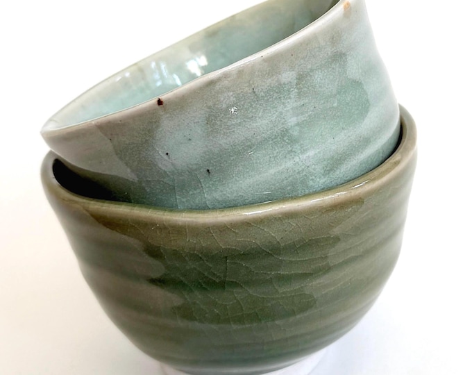 Vintage Celadon Green Glazed Pottery Tea Cups Ceremonial Matcha