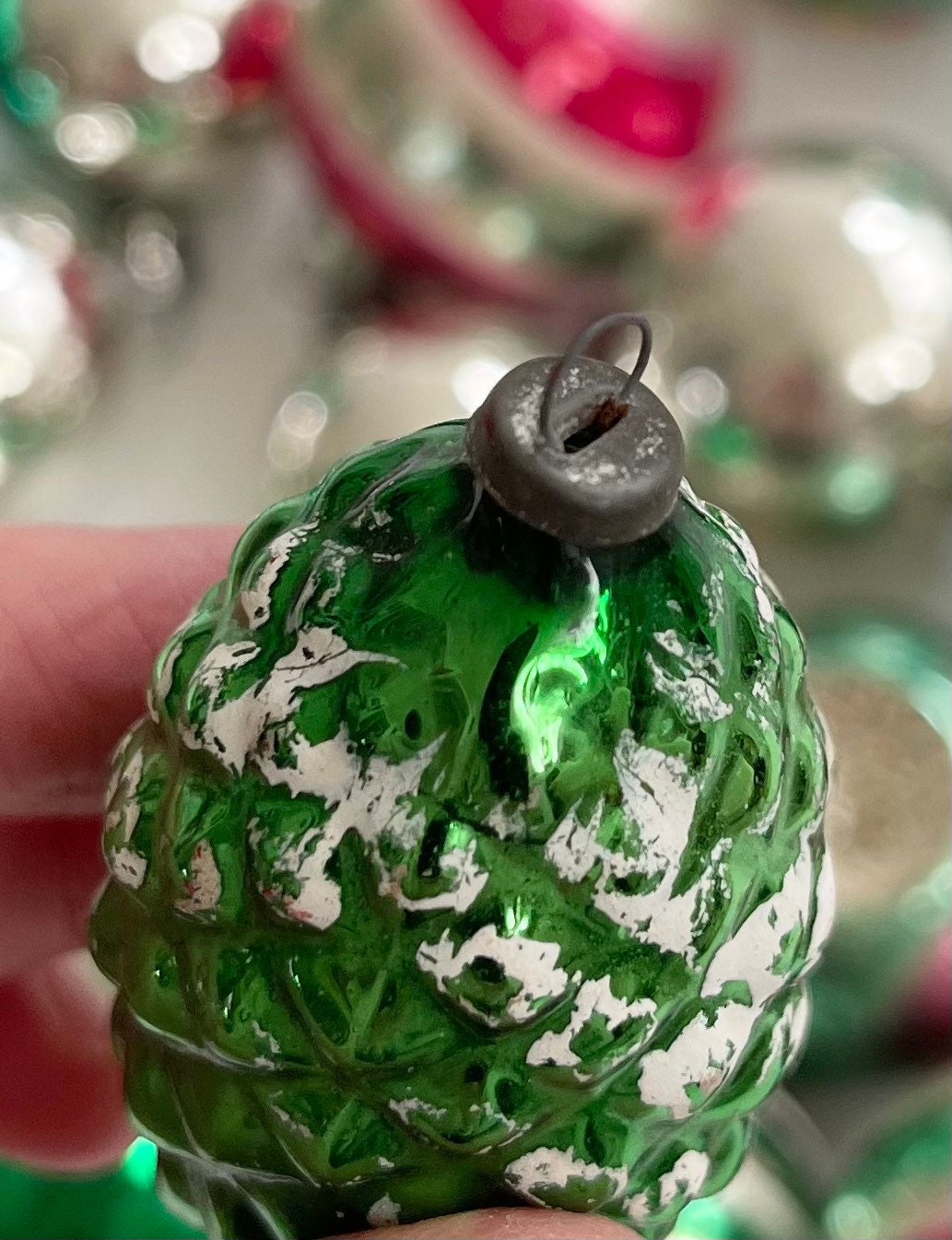 Vintage Green Glass Ornaments Mixed Lot of 25 Green Silver Tone