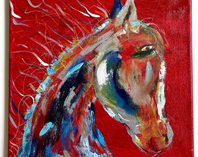 Vintage Western Horse Oil Painting Red 12" Square
