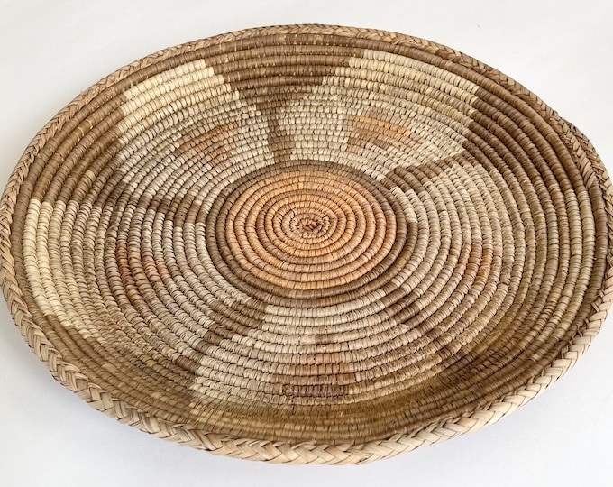 Faded Coil Basket Tray Handmade Vintage Coil Baskets Likely of African Origin Beige Brown Rust Southwest Boho Home Coffee Table Decor