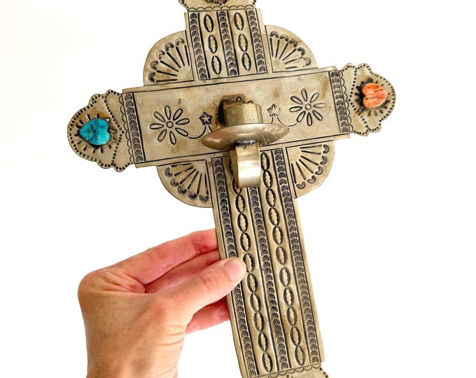 Vintage Punched Metal Cross Candle Holder Southwest Religious Wall Decor