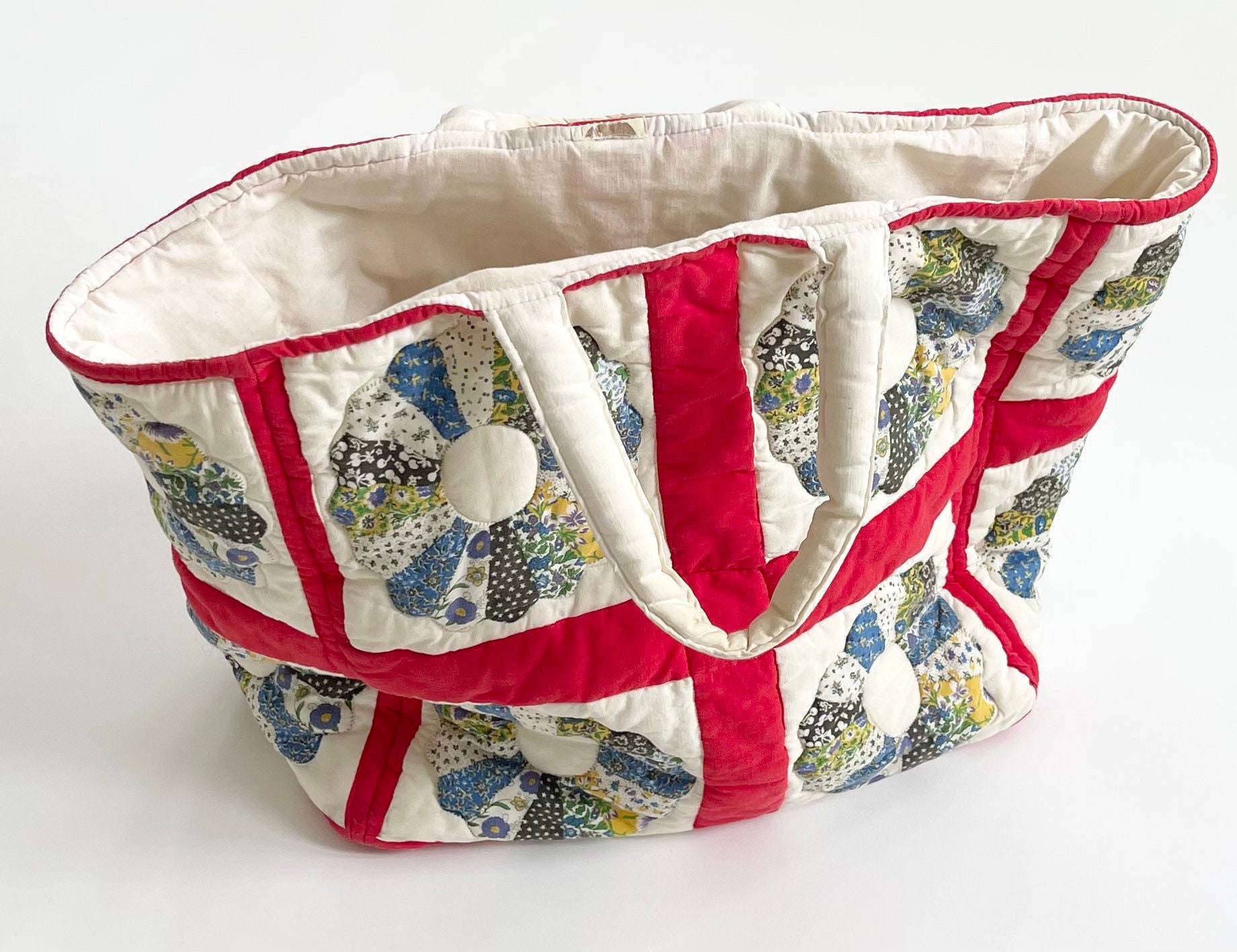 Quilted Cotton Tote Bag Sewing Knitting Bag Vintage Patchwork Floral