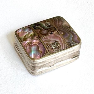 Abalone-pillerdosa i sterlingsilver, vintage, naturlig abalone-snäcka, inlägg, rektangulär, gångjärnsförsedd ask, 925 silver, tillverkad i Mexiko
