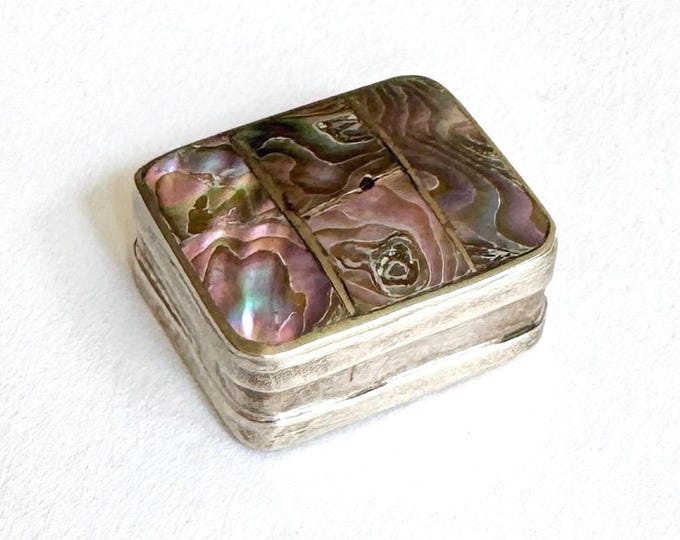 Sterling Silver Abalone Pillbox Vintage Natural Abalone Shell Inlay Rectangle Hinged Box 925 Silver Made in Mexico